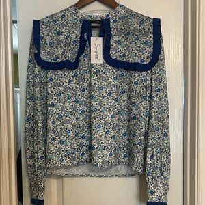 Sandro Blue Floral Blouse with Ruffle Trim